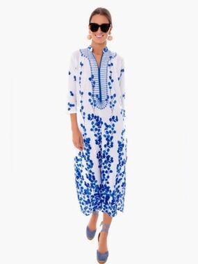 Ro's Garden Blue Leaf Clorinda Long Kaftan Dress Medium